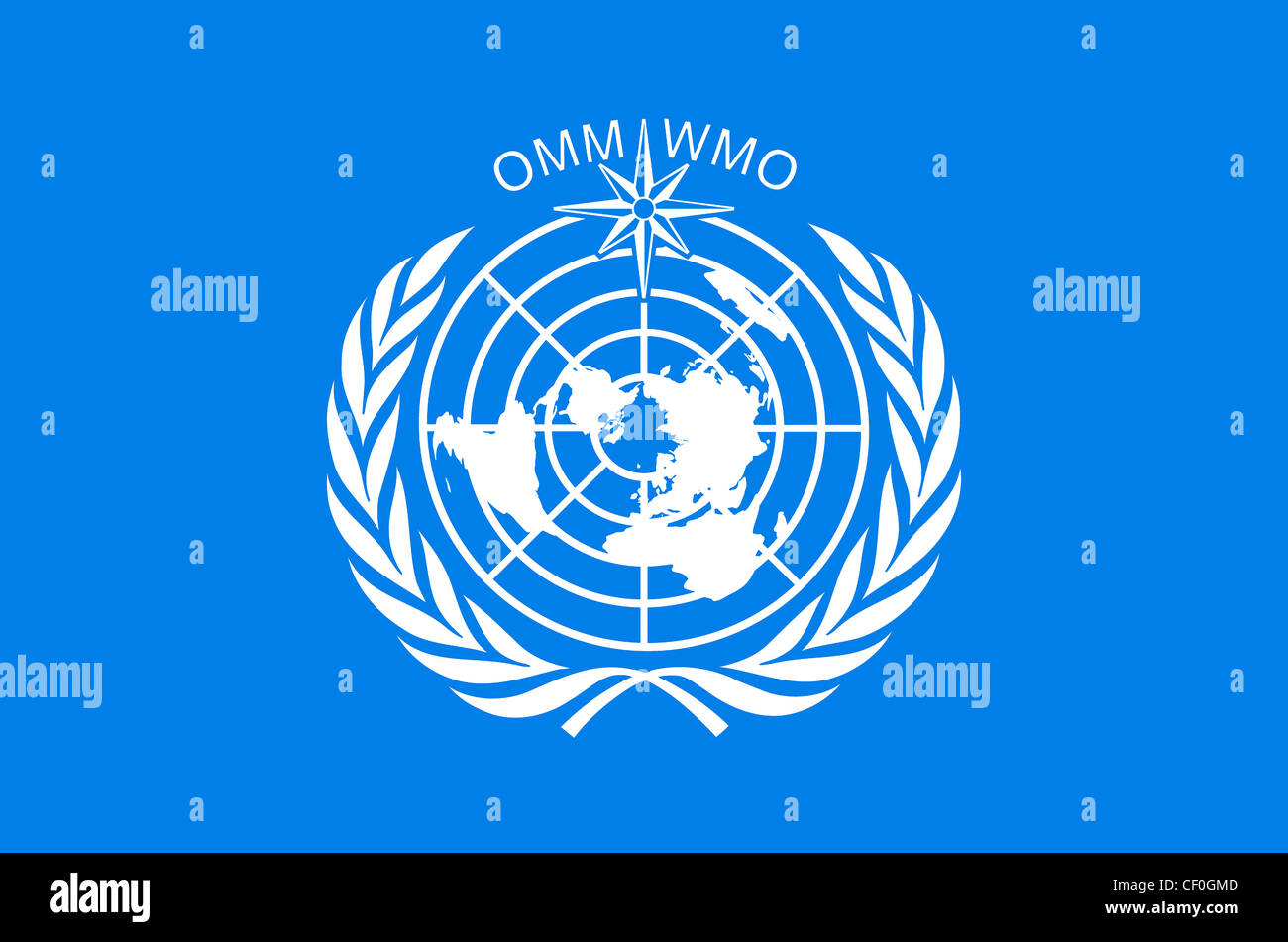 Flag with the logo of the World Meteorological Organization WMO with seat in Geneva. Stock Photo