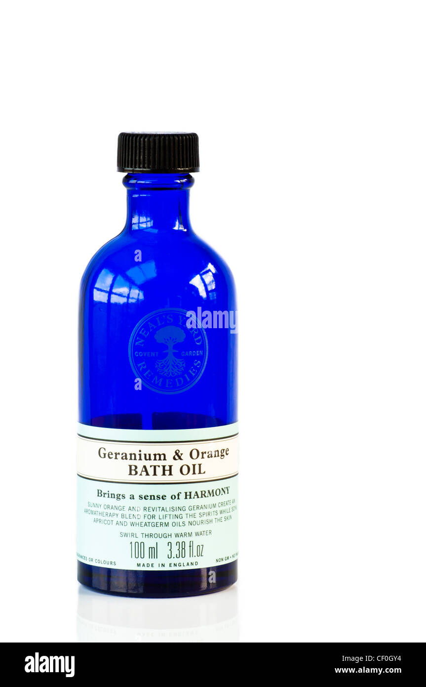 A Bottle of Neals Yard Geranium & Orange Bath Oil Stock Photo