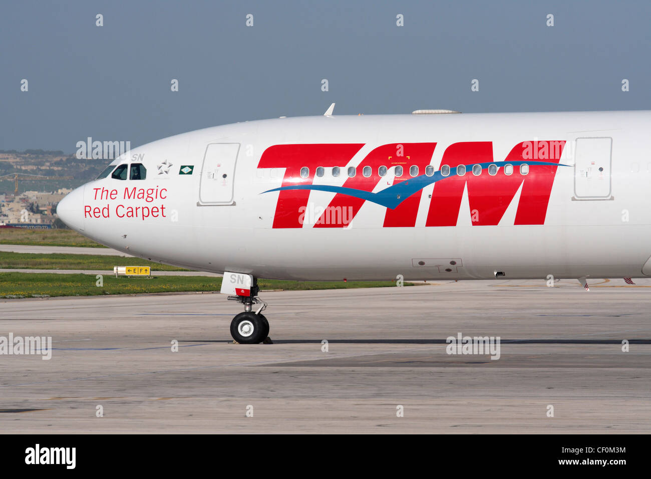 Close-up of the nose section of a TAM Airlines Airbus A340-500 long haul passenger jet airliner Stock Photo
