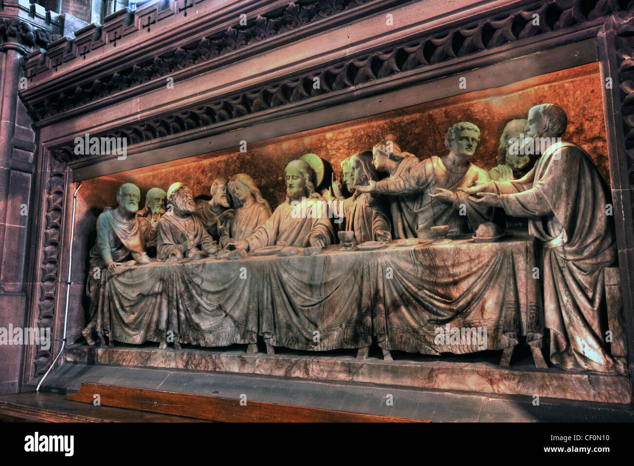 St Wilfrids, Davenham Last Supper Frieze in stone Stock Photo