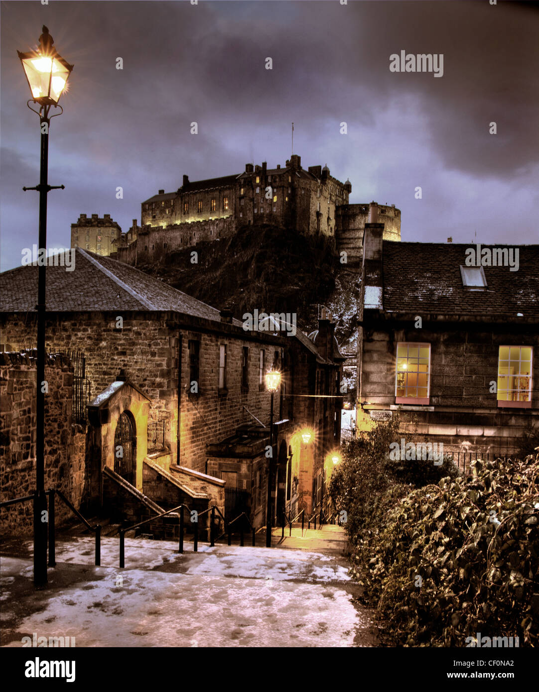 The Vennel in winter, snow and ice at dusk, a unique historic view over old town Edinburgh, Lothian, Scotland, UK @HotpixUK Stock Photo