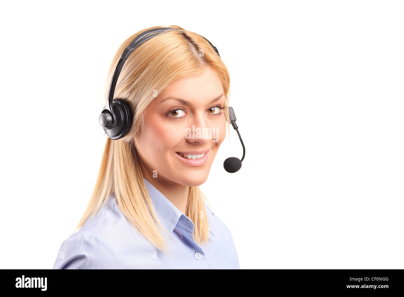 Young female dispatcher with headset, isolated on white background