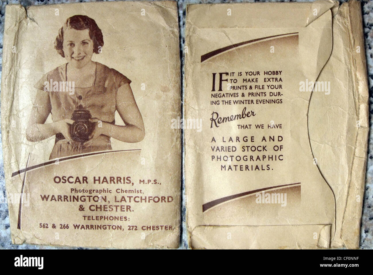 Oscar Harris shop film and negative processing envelope, Chemists shop, Latchford, Warrington, Cheshire, England, UK Stock Photo