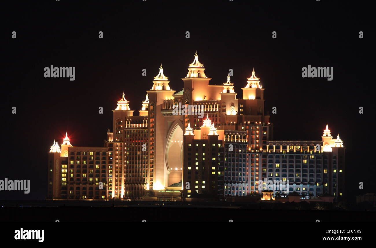 Atlantis Hotel illuminated at night. Palm Jumeirah, Dubai United Arab Emirates Stock Photo