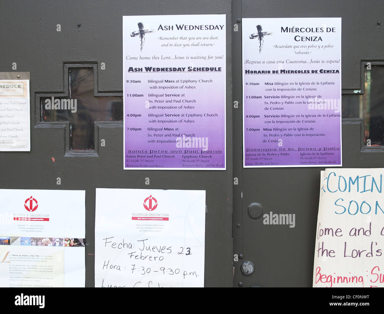 Ash Wednesday schedule on church door, Brooklyn, New York Stock Photo Alamy