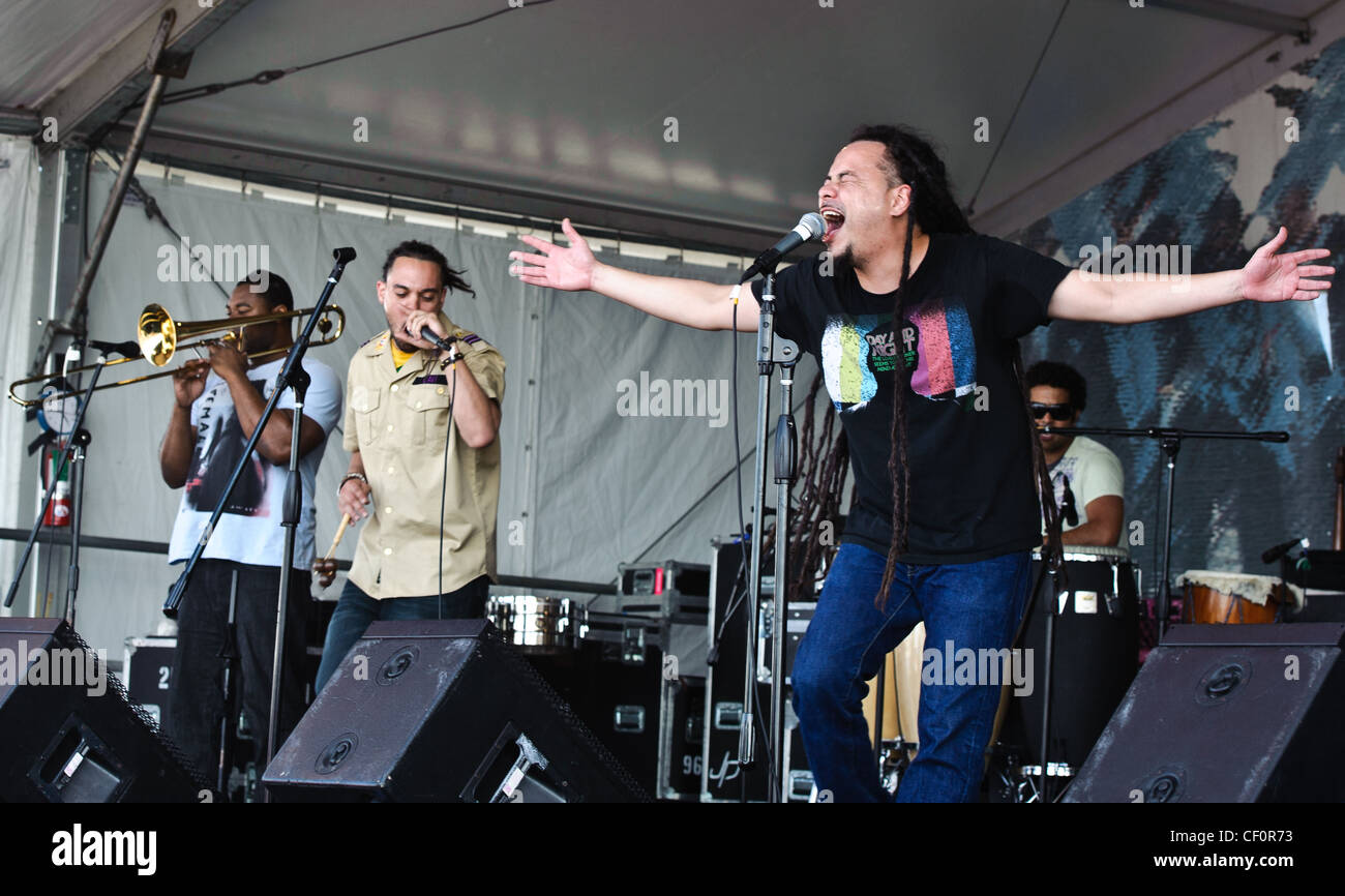 Locos por Juana playing at the Jazz and Heritage Festival in New Orleans, LA on day 4. Stock Photo