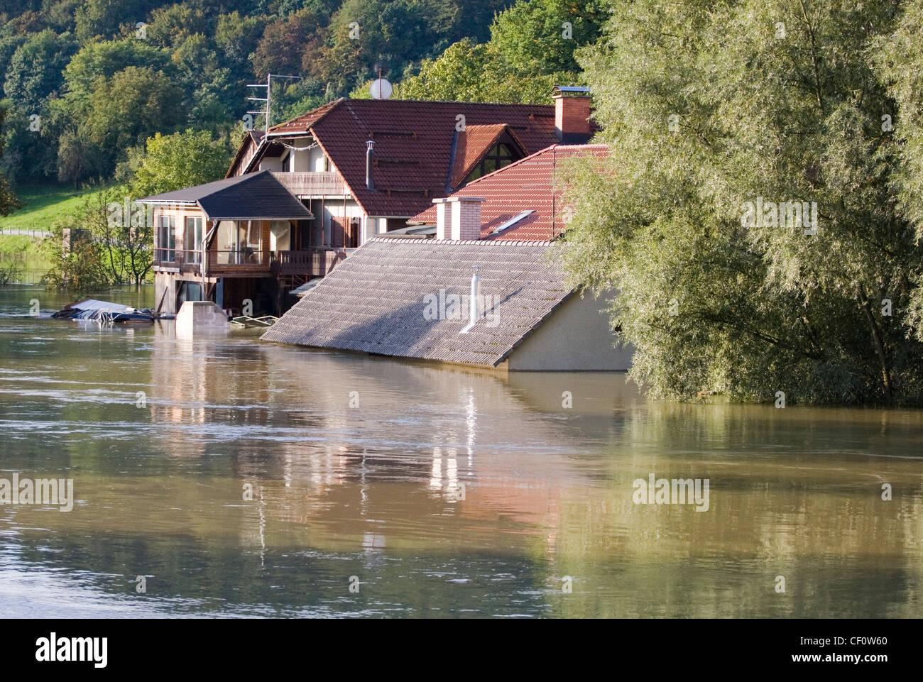 Flooded houses after heavy rain. Stock Photo