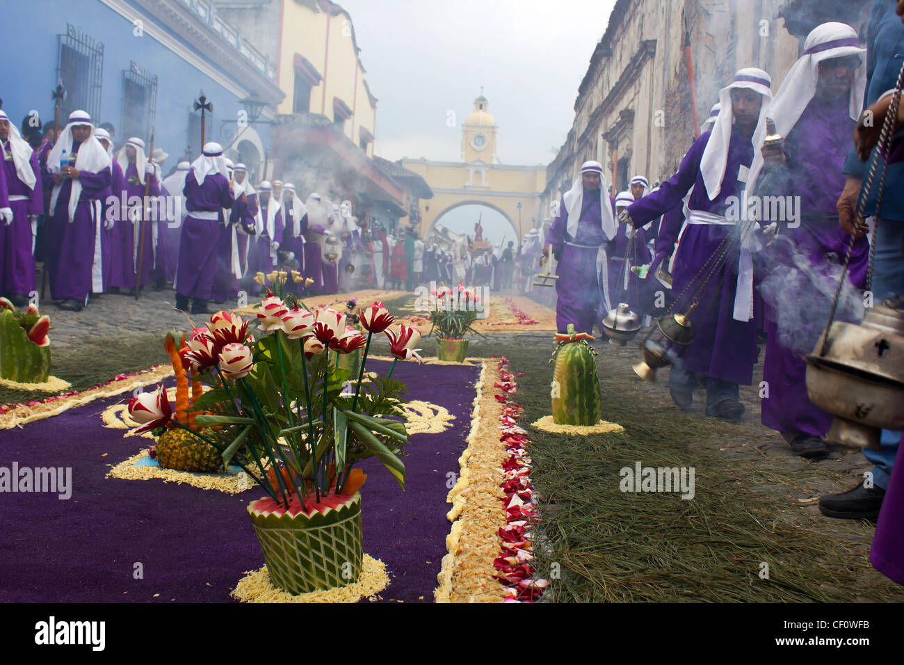 Gorgeous decorated purple carpet for Semana Santa procession in Guatemala Stock Photo