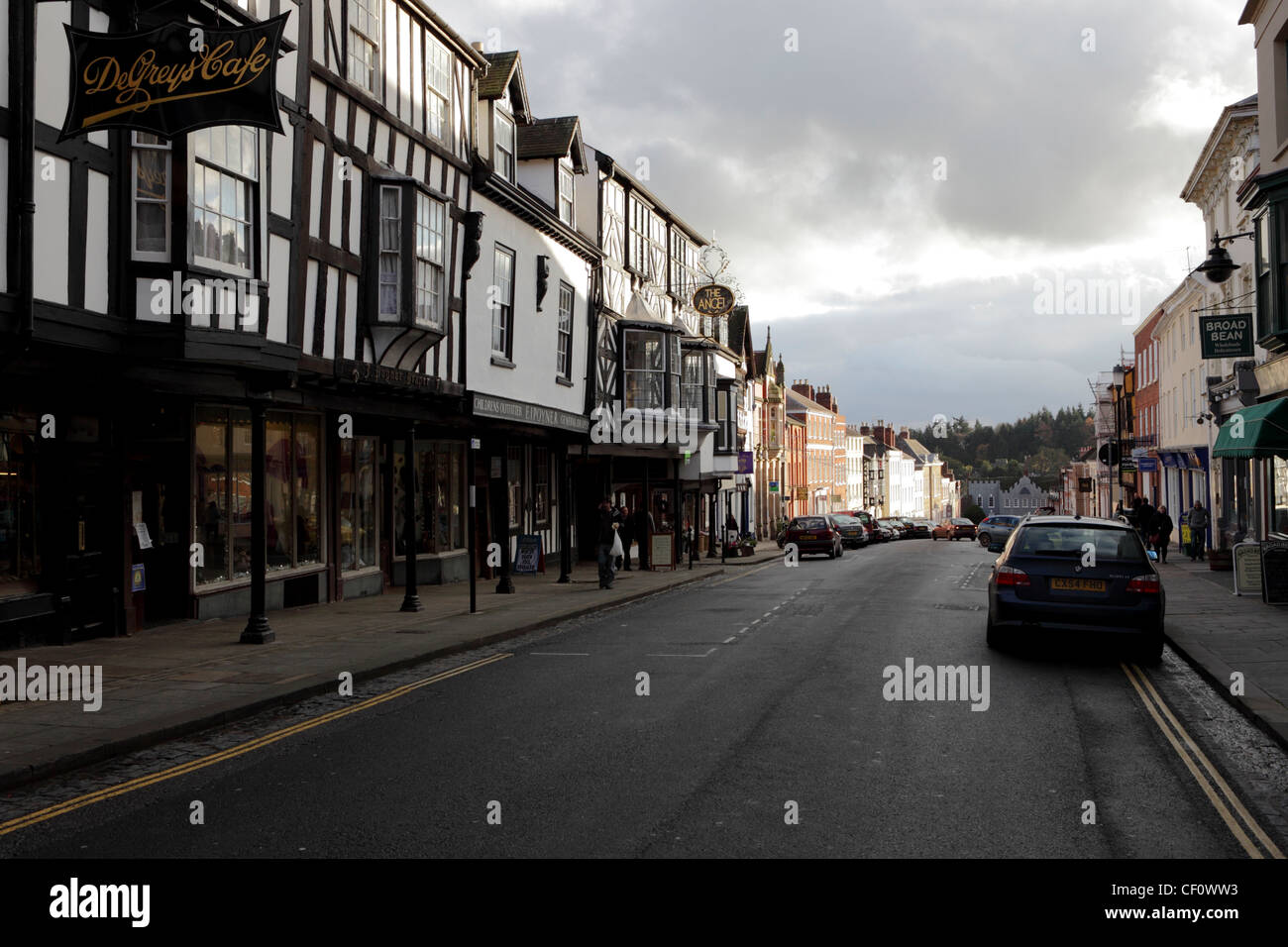 An northerly aspect of Broad Street in the Shropshire town of Ludlow. Stock Photo
