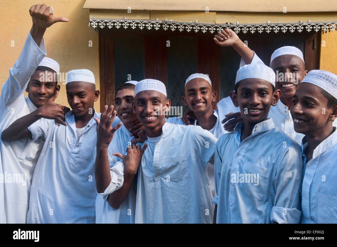 a group of happy Muslim boys in Galle, Sri Lanka Stock Photo