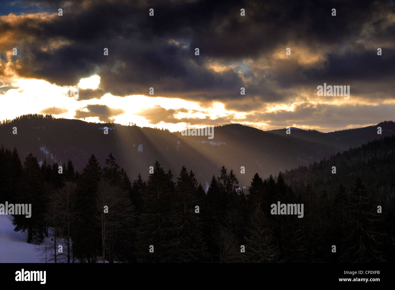 Sunrise over the Black Forest at Feldberg ski resort, Schwarzwald, Germany, Europe Stock Photo