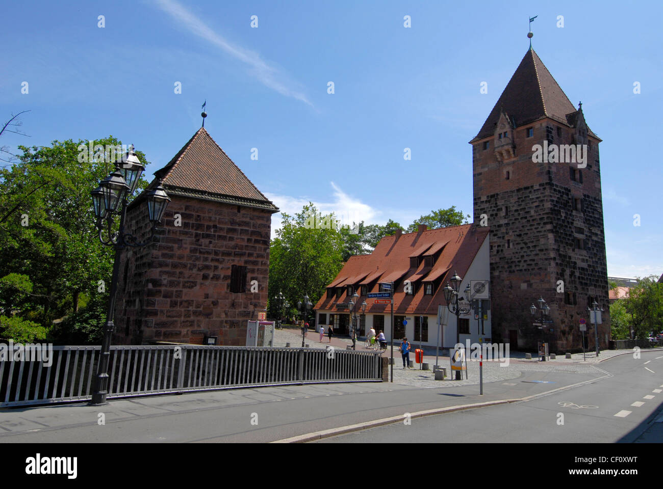 The Schuldturm tower (Debtors Tower) was a prison built in 1323 on the Spitalbrucke across the river Pegnitz in Nuremberg, Germany Stock Photo