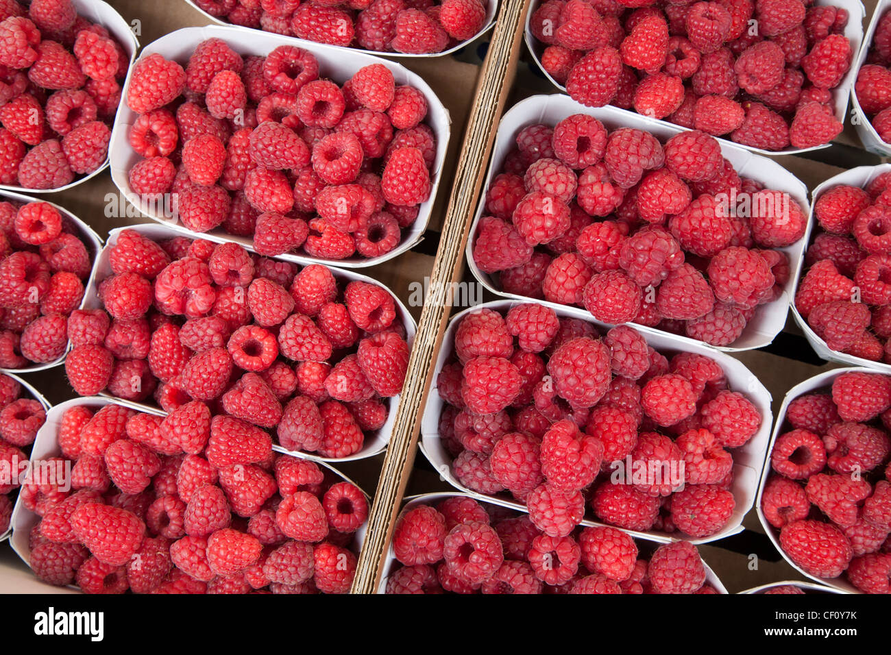 Baskets of raspberries at a market stall Stock Photo