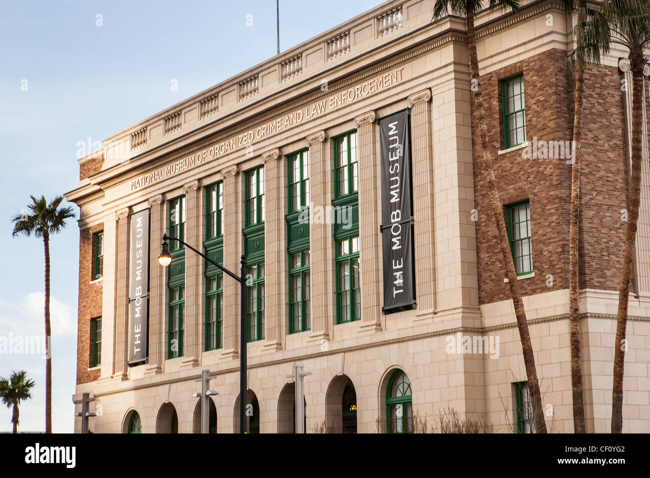 Exterior view of the Mob Museum opened in a former courthouse in Las Vegas on February 14, 2012. The $42 million dollar museum features exhibits on organized crime in America with emphasis on their role in Las Vegas. Stock Photo
