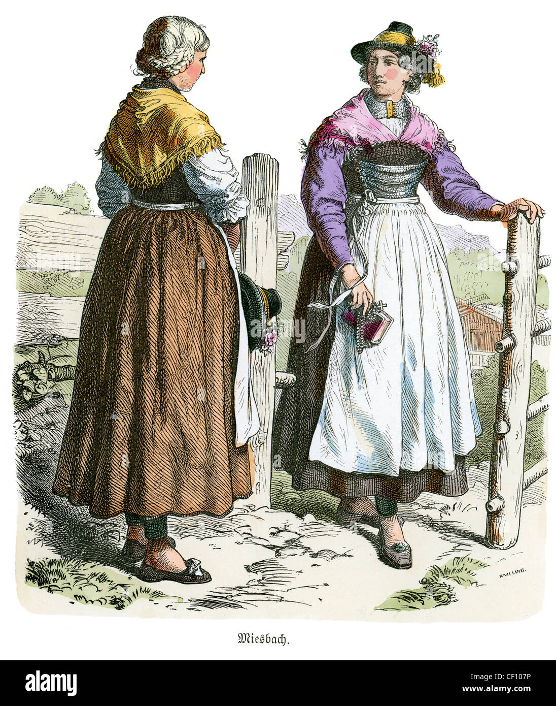 Two women from the 19th century in the traditional dress of Miesbach