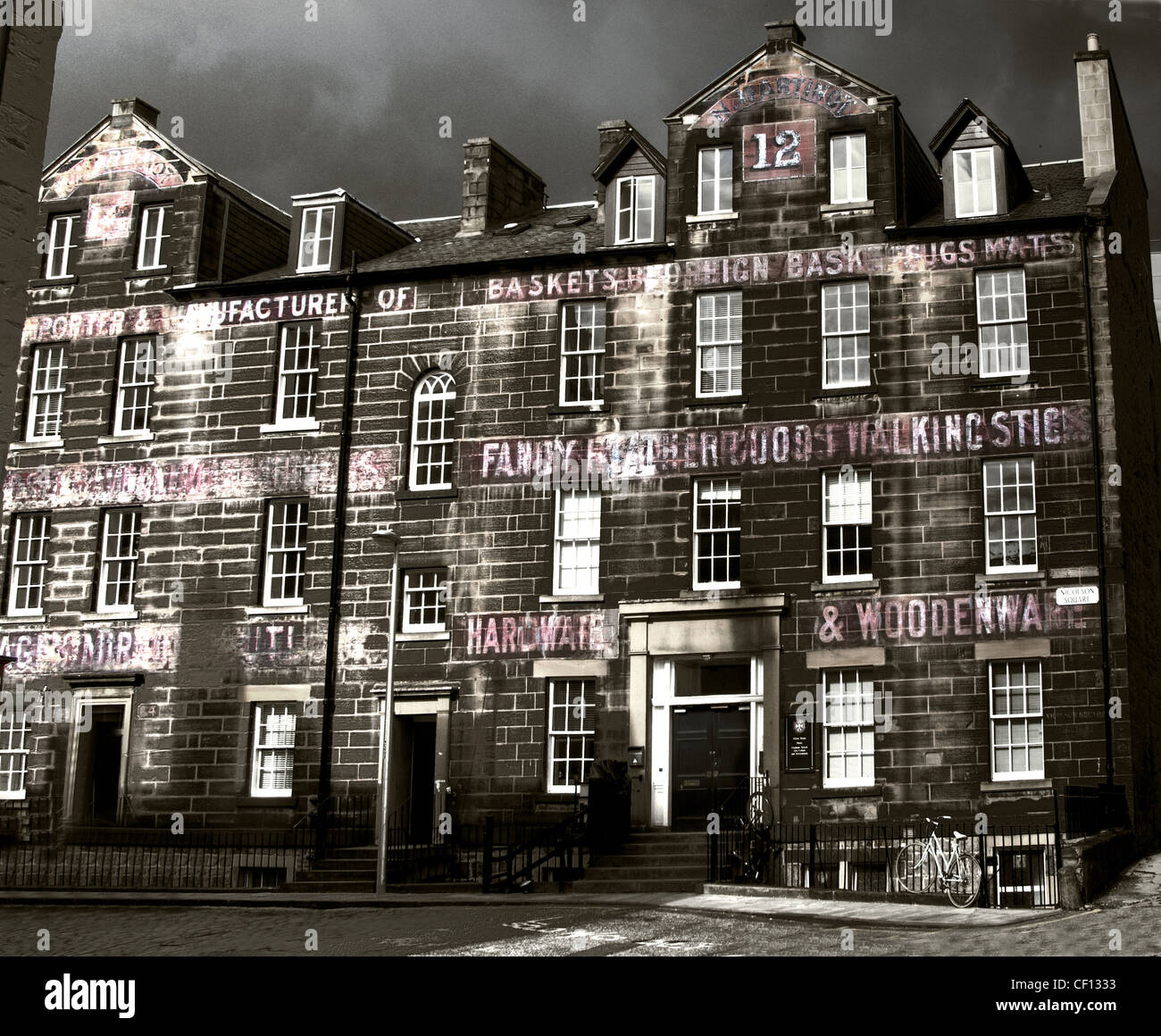 Old signwriting on university buildings at 12 Nicholson Square, Edinburgh City, Lothians, Scotland , UK Stock Photo