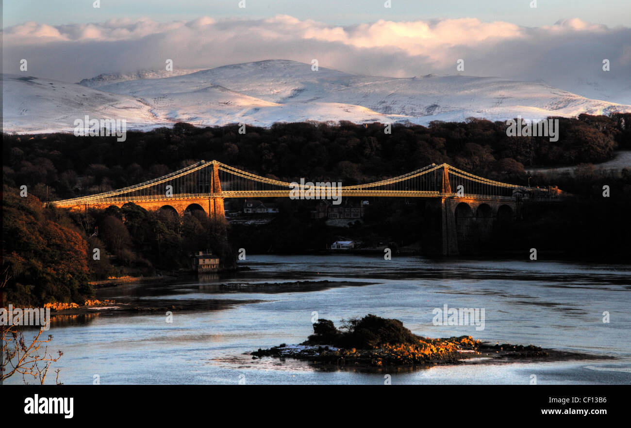 Anglesey Menai Bridge in Snow, winter Stock Photo