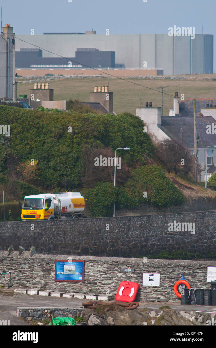 Oil tanker delivering heating fuel at Cemaes Bay with Wylfa nuclear