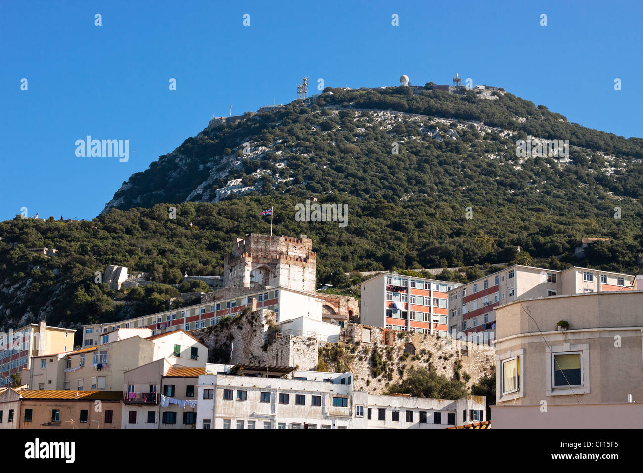 Detail of the Gibraltar rock and block of flats. Stock Photo