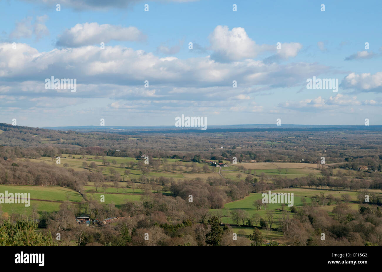 View over English countryside as seen from Pitch hill on Hurtwood common, Peaslake Surrey Stock Photo