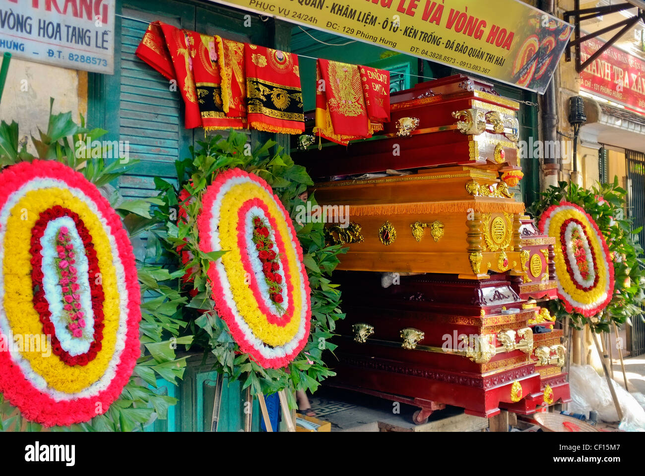 Funeral wreaths and coffins merchant, Hanoi, Vietnam, Asia Stock Photo
