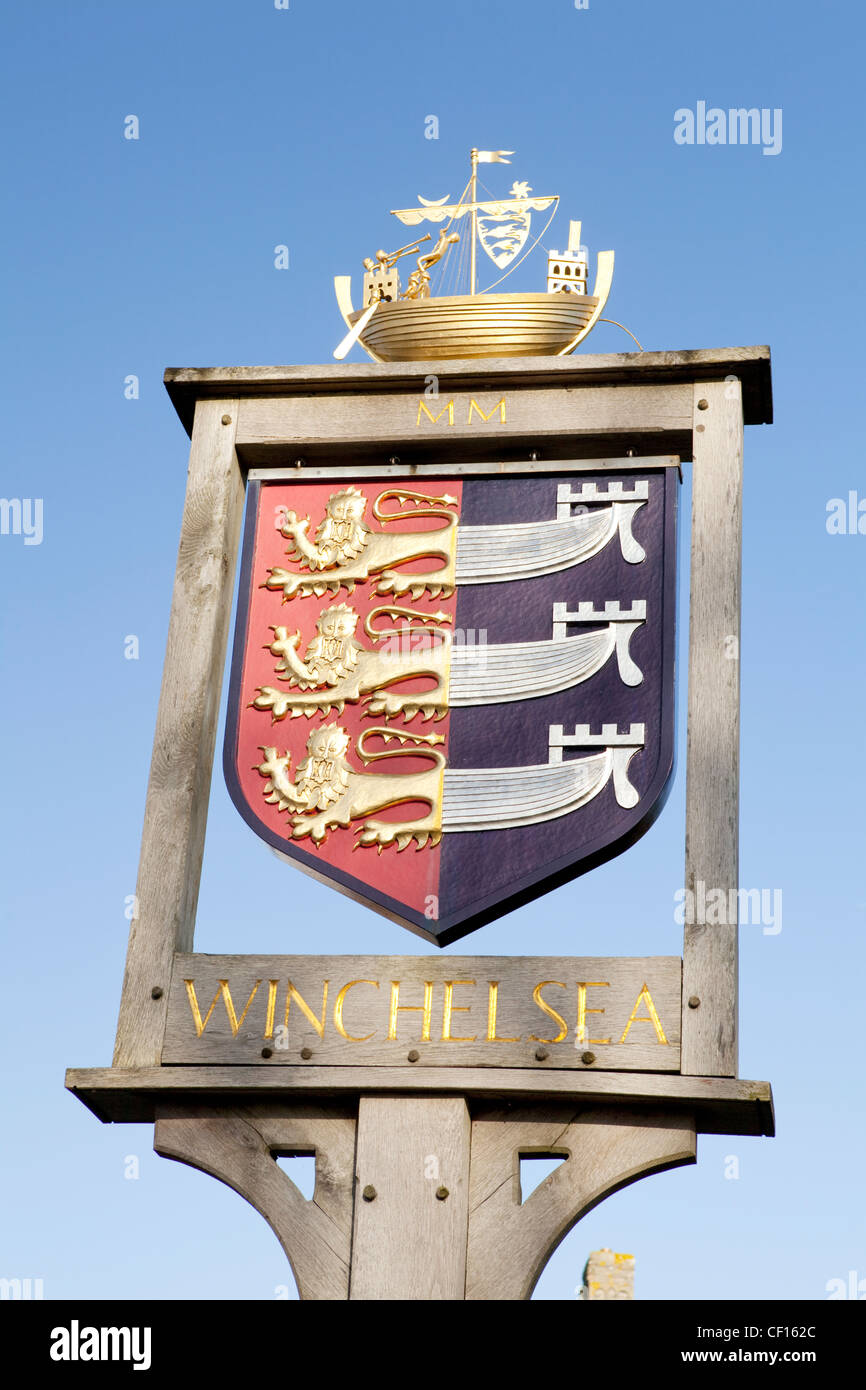 A view of the Heraldic Town sign in Winchelsea East Sussex Stock Photo