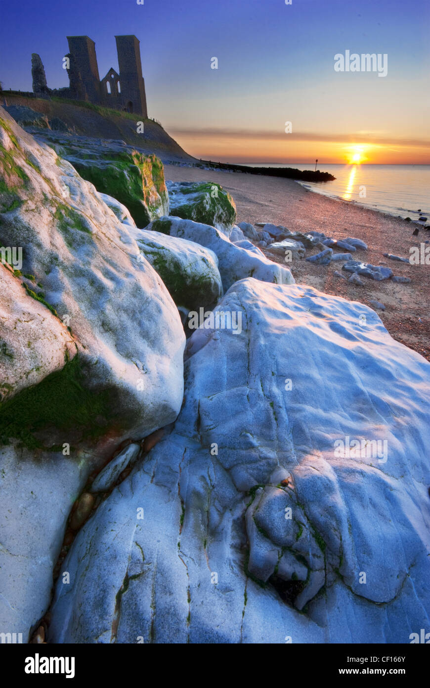 Sunset at the Reculver Towers in Kent Stock Photo