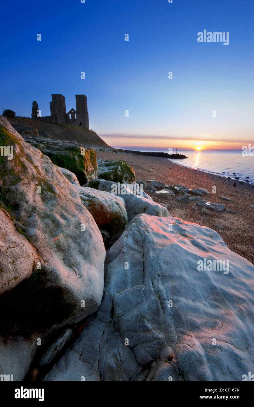 Sunset at the Reculver Towers in Kent Stock Photo