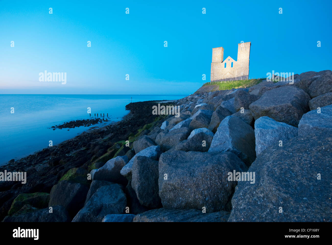 Dusk at the Reculver Towers in Kent Stock Photo