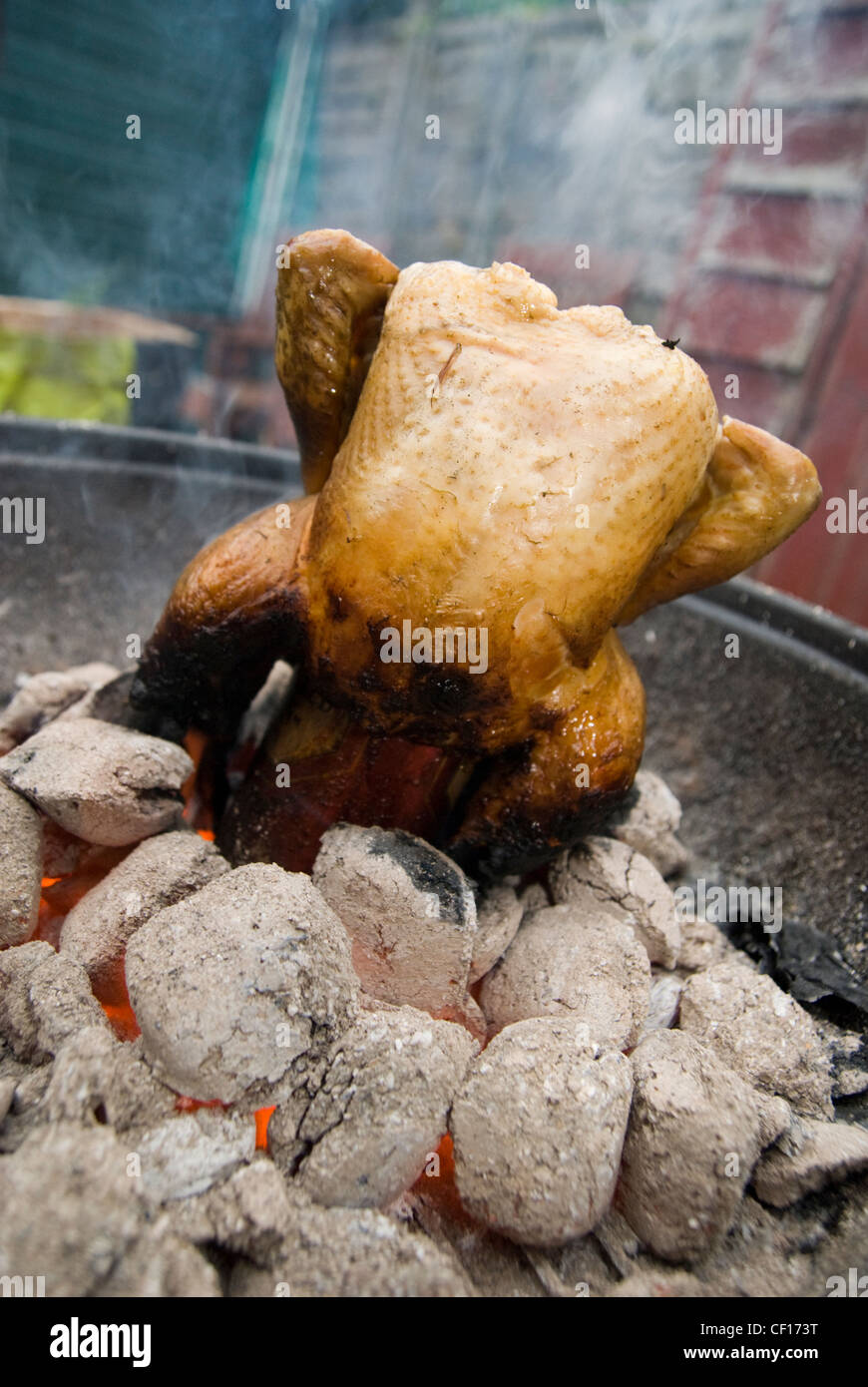 A chicken slow roasts on a barbecue Stock Photo