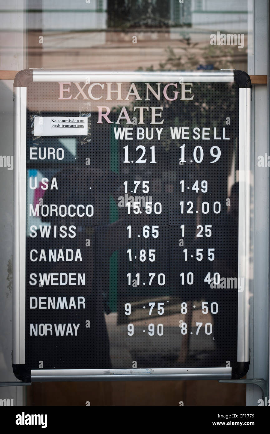 Currency exchange board in Main Street, Gibraltar. Stock Photo