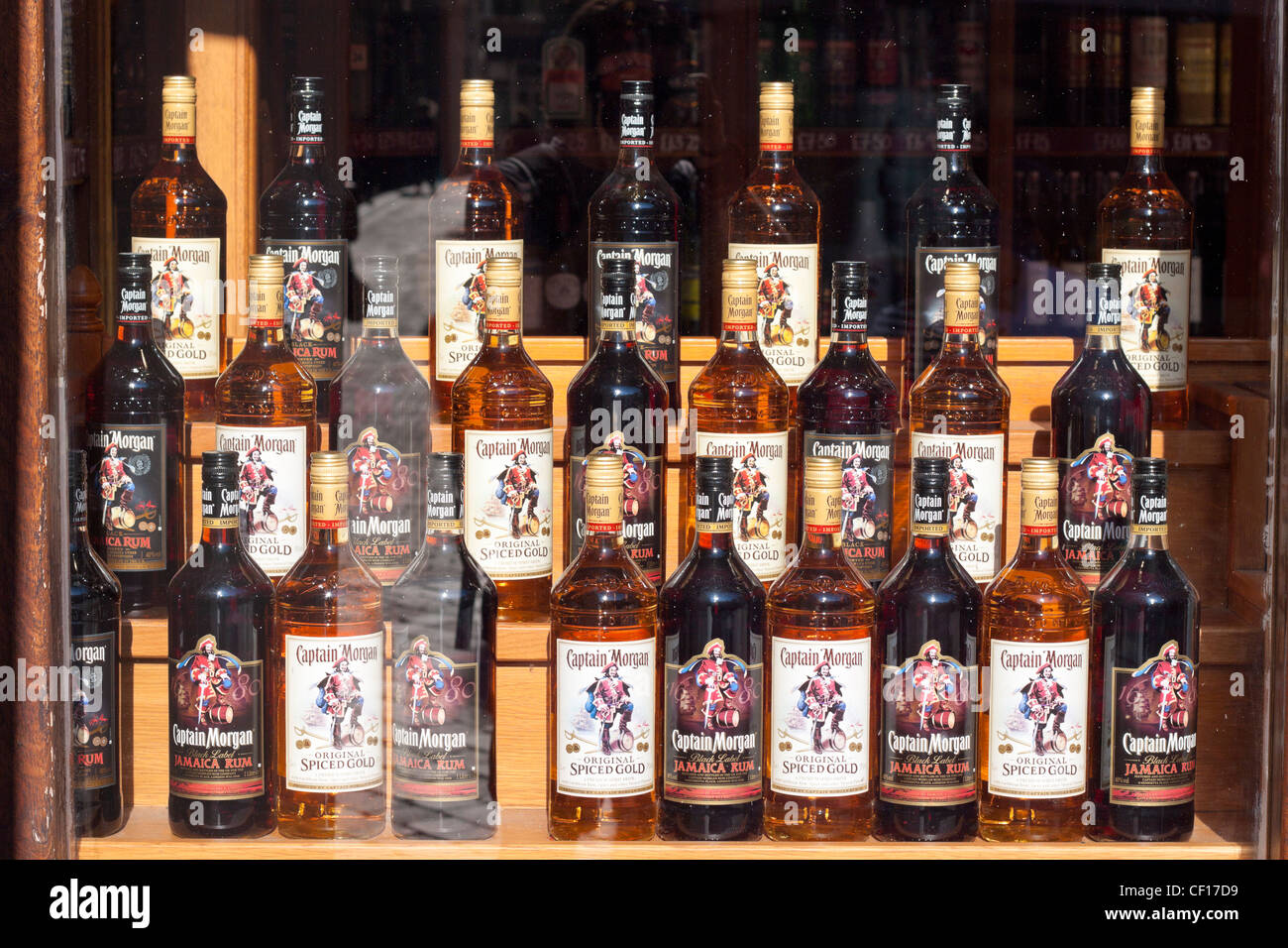 Duty free shop window with displayed bottles of Captain Morgan Stock Photo  - Alamy