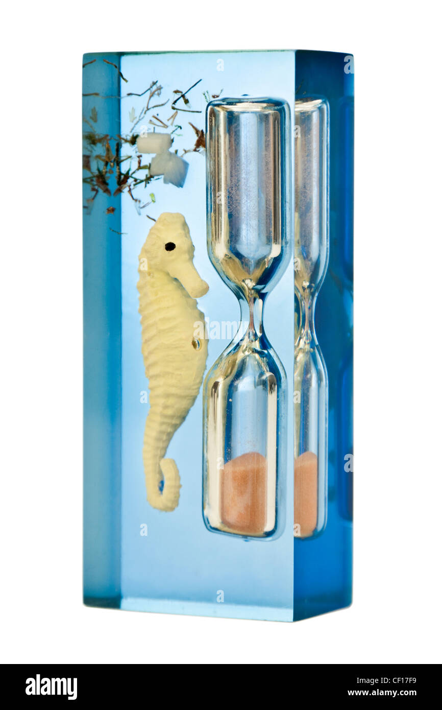 Glass block with embedded sea horse and hourglass Stock Photo