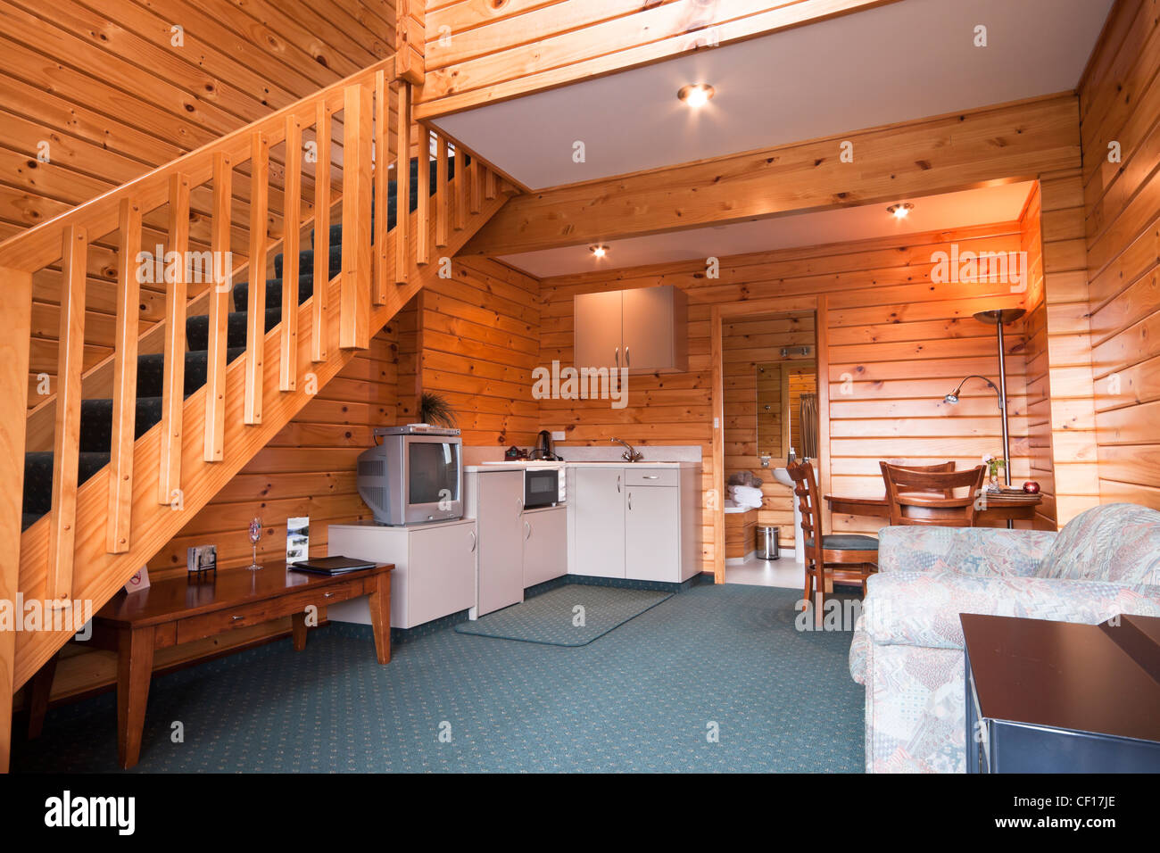 Lodge apartment wooden interior. Fox Glacier Lodge, Fox Glacier, West Coast, South Island, New Zealand. Stock Photo