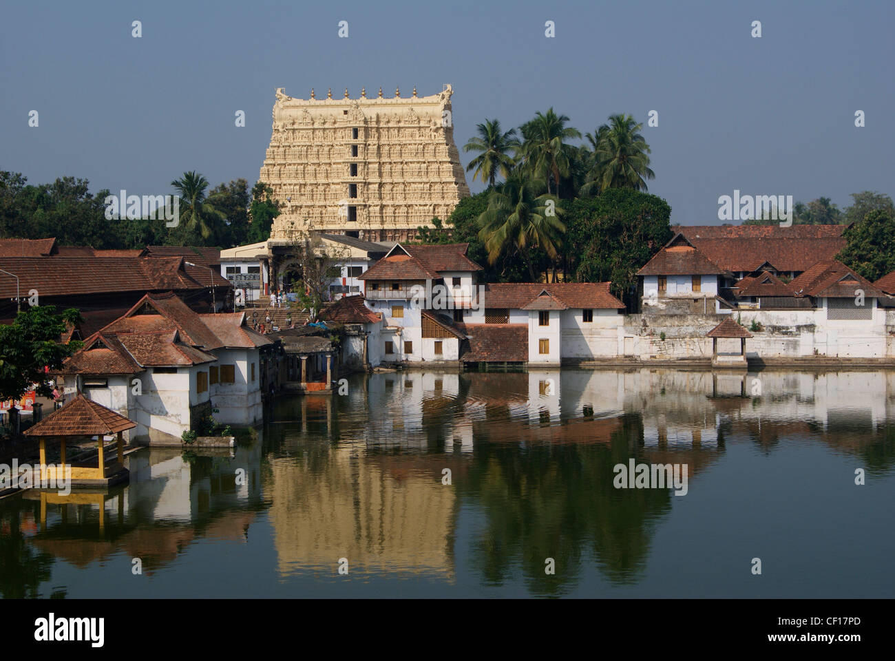 Wide Angle scenery of Sree Padmanabhaswamy Temple and nearby temple pond in Trivandrum,Kerala,India (World's Richest Temple) Stock Photo