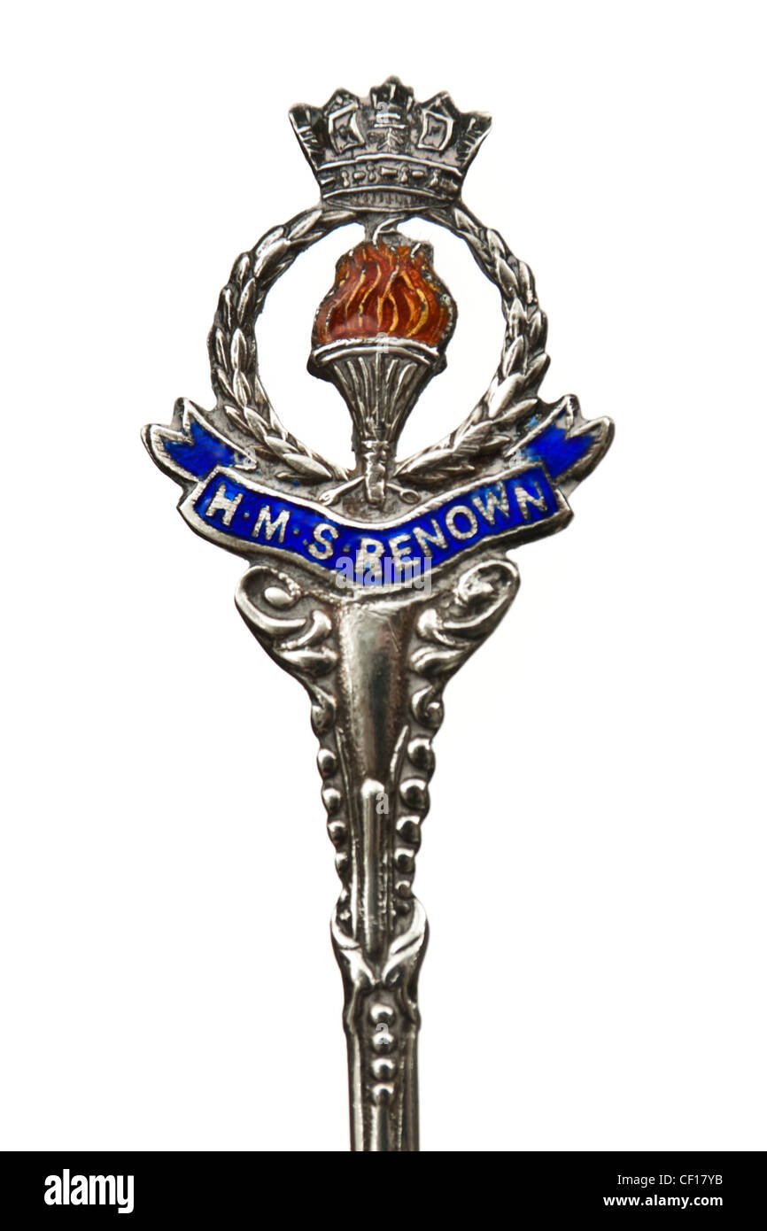 Hallmarked 1926 Sterling Silver & enamel souvenir spoon with "H.M.S. Renown" emblem (British warship) Stock Photo