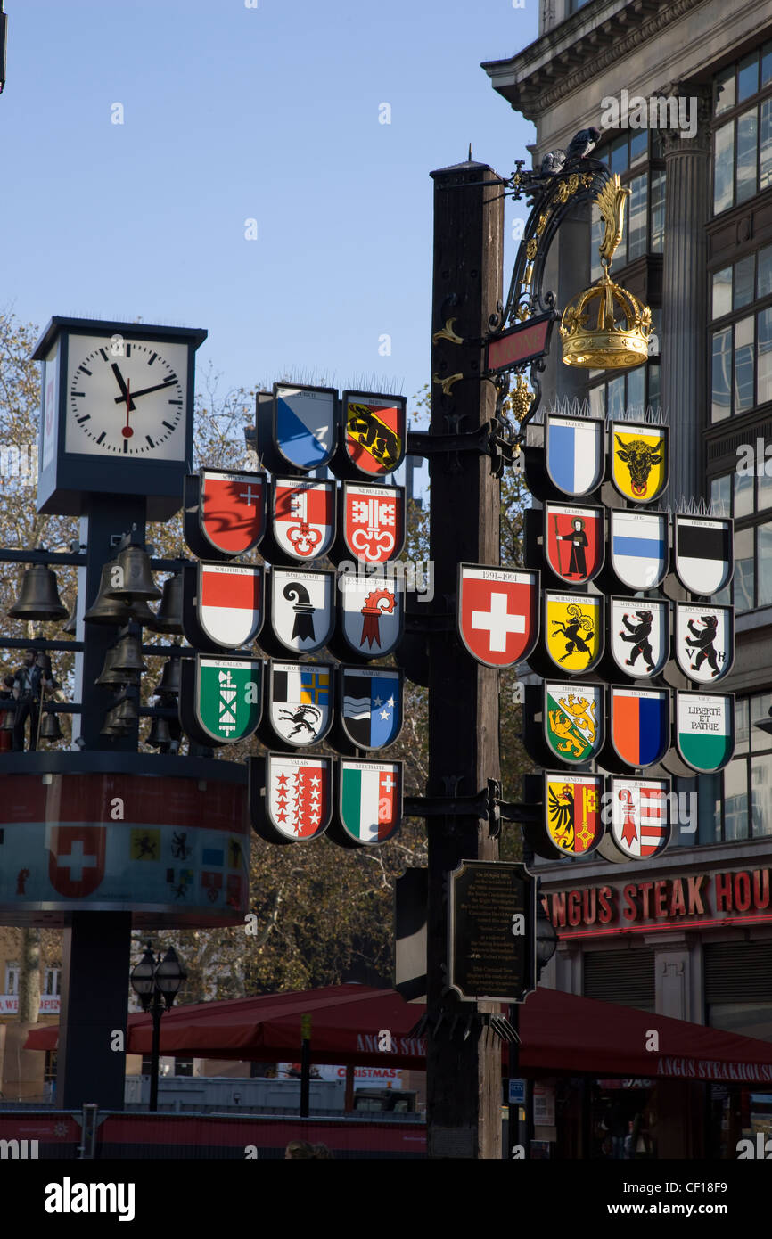 Cantonal tree of Swiss cantons at Swiss Court, Leicester Square, London Stock Photo