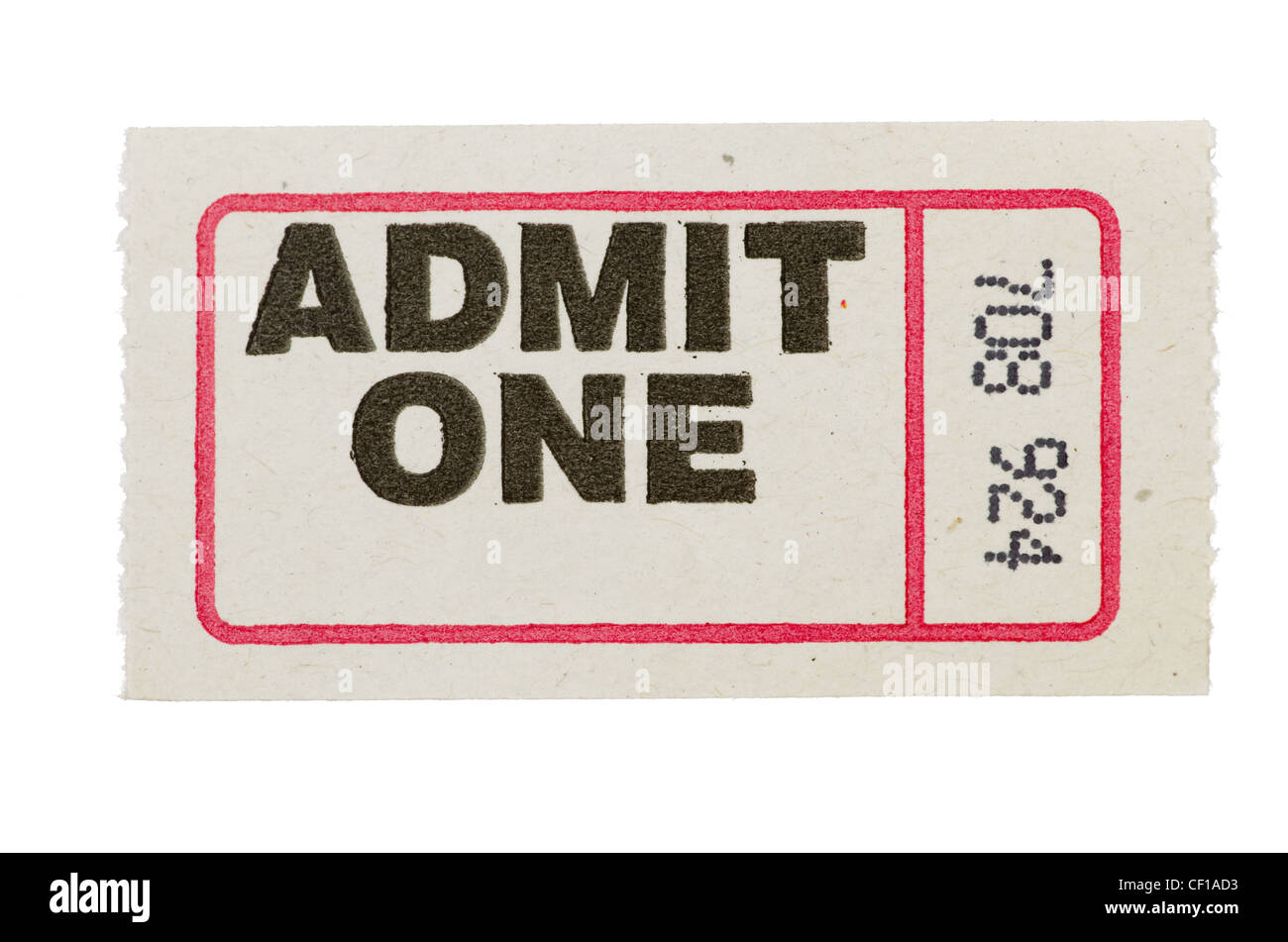 gray admit one ticket with red line and number isolated on white background Stock Photo