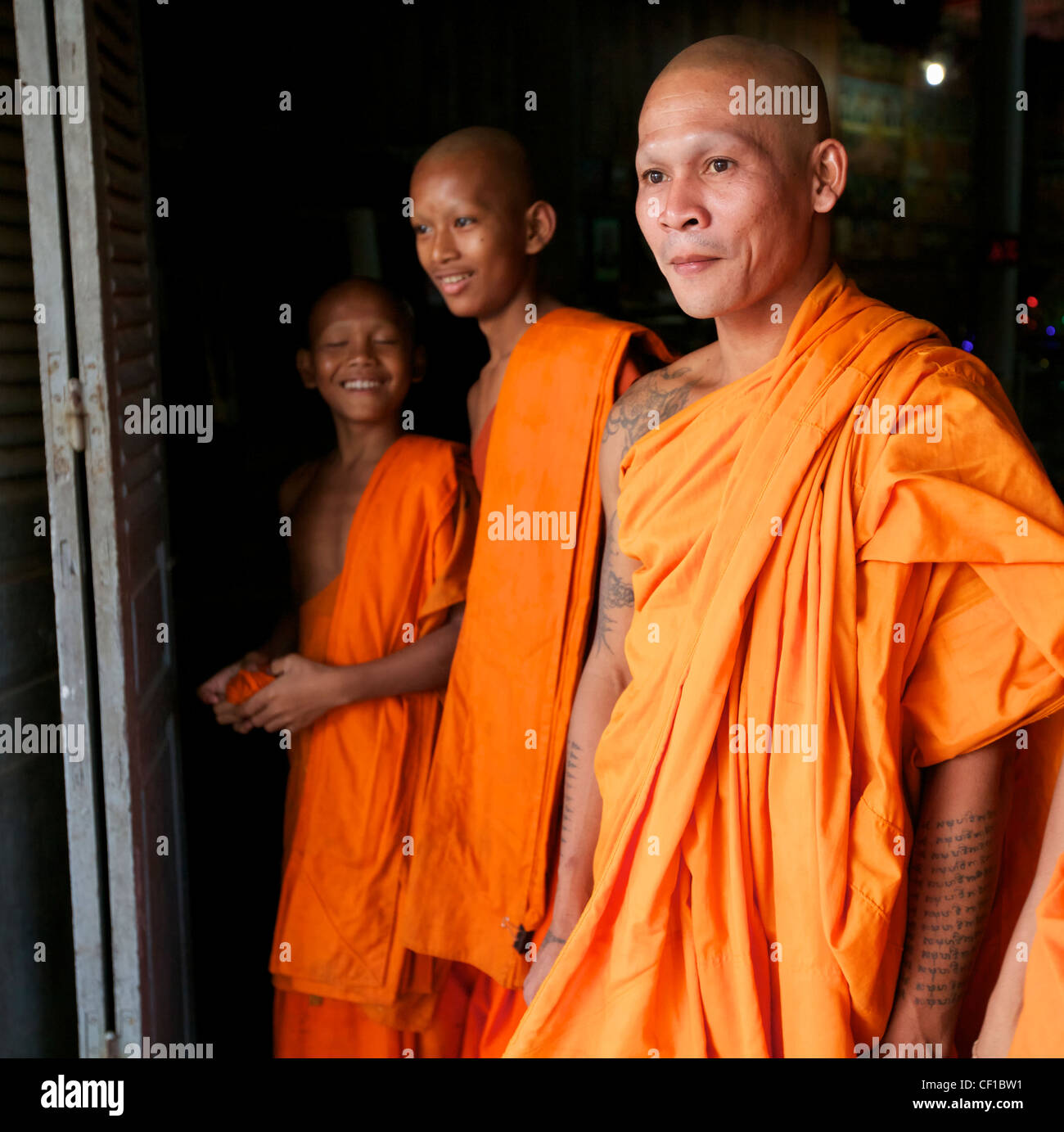 Unidentified Buddhist monks at Wat Chowk in Siem Reap, Cambodia Stock Photo