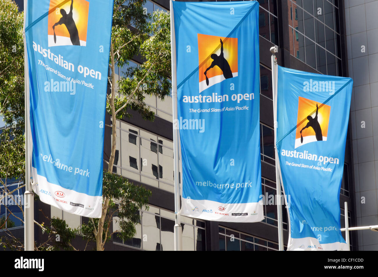 Flags advertising the Australian Open tennis tournament Stock Photo