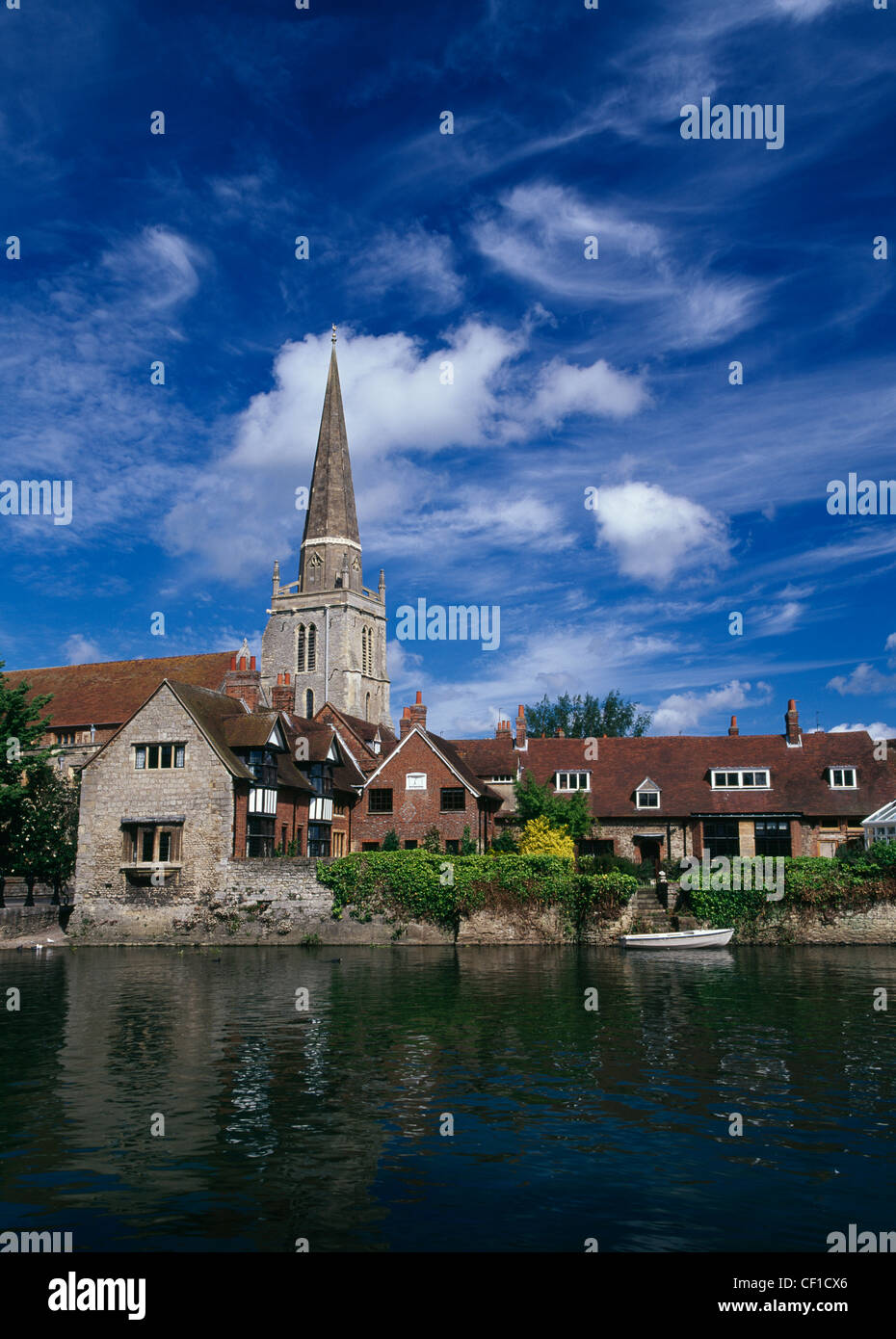 View of St Helens Church across the River Thames at Abingdon. Stock Photo