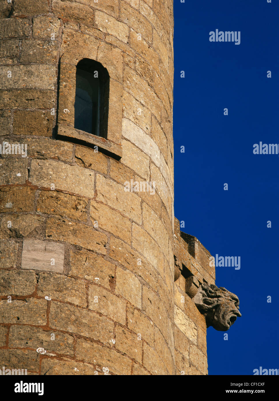 Close up of a gargoyle on Broadway Tower. The tower was the brainchild of Capability Brown and completed in 1798. Stock Photo