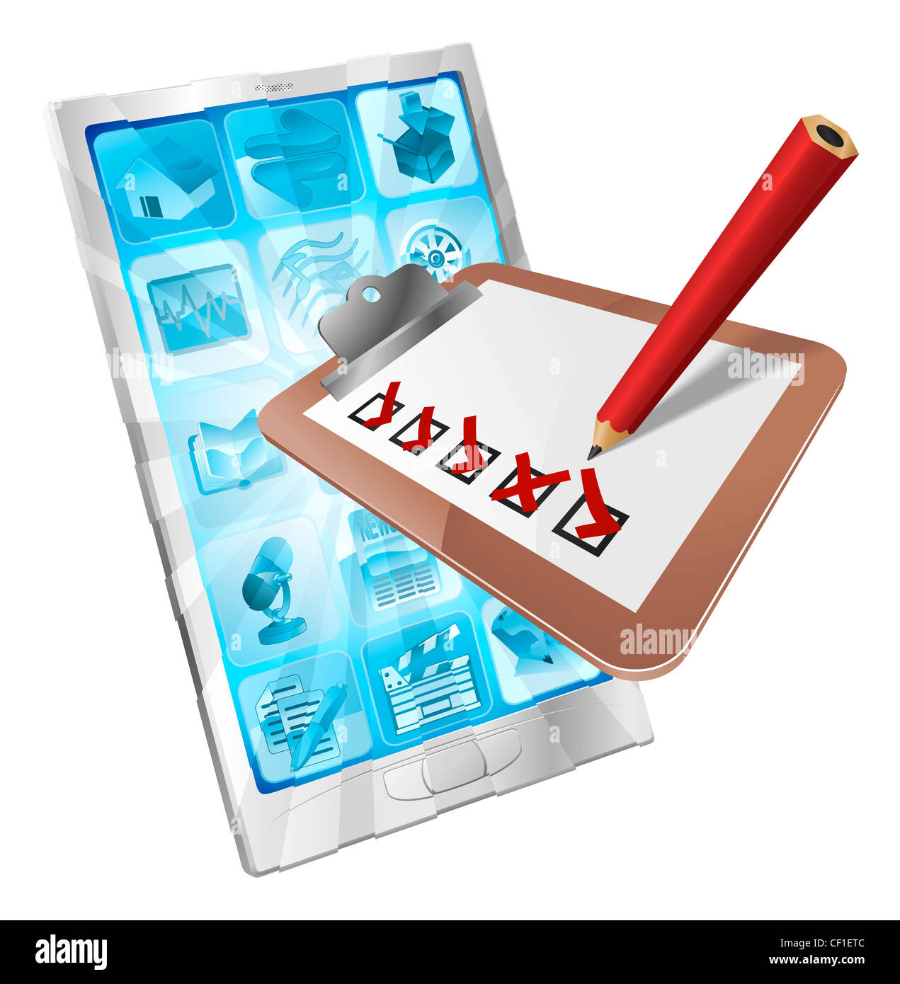 Mobile phone or cell phone with clipboard and pencil checklist app icon