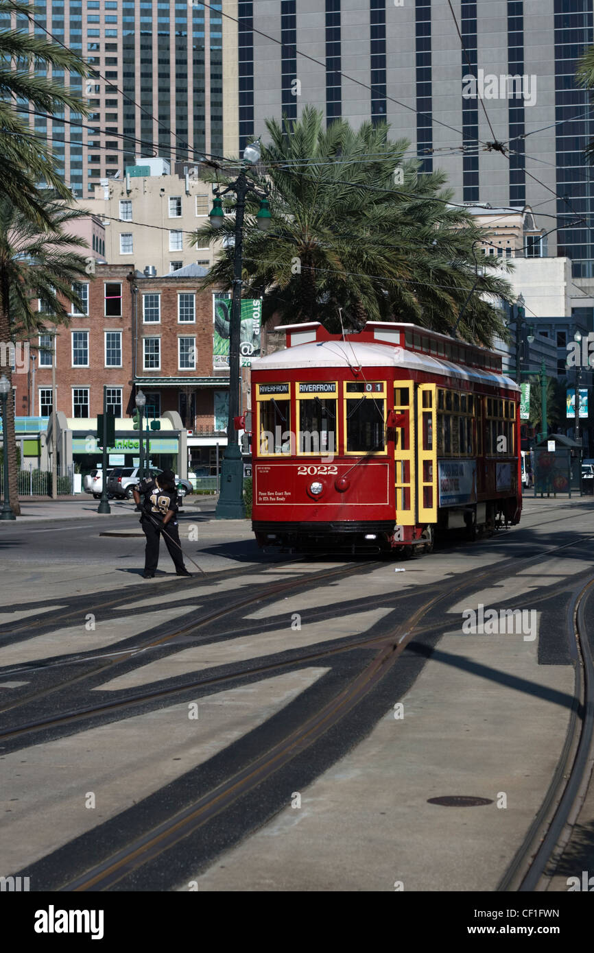 New Orleans streetcar stopped on Canal Street while the driver clears the rails Stock Photo
