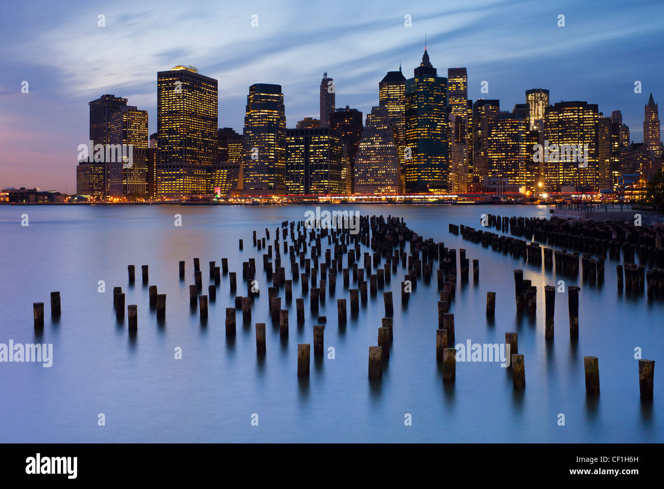 United States of America, New York, Dusk view of the skyscrapers of Manhattan from the Brooklyn Heights neighborhood. Stock Photo