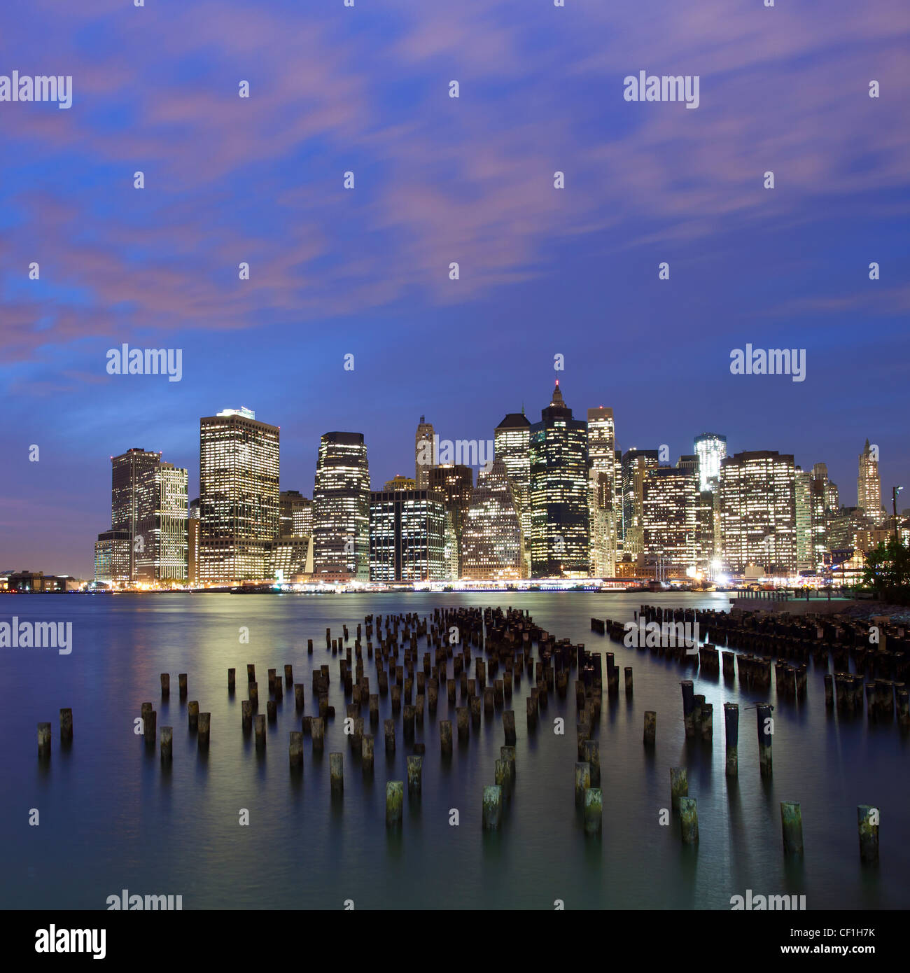 United States of America, New York, Dusk view of the skyscrapers of Manhattan from the Brooklyn Heights neighborhood. Stock Photo