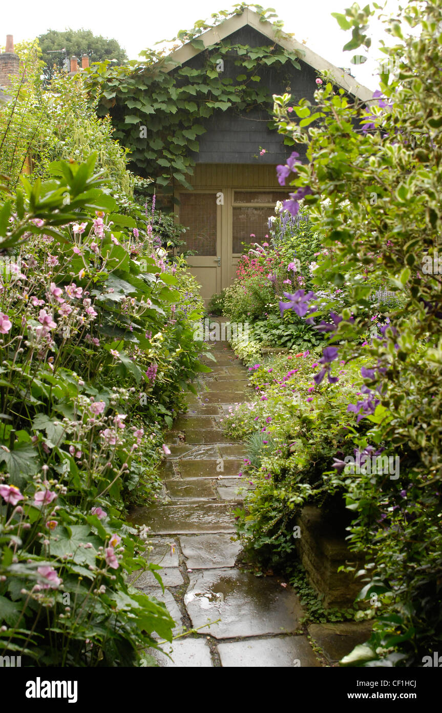 Modern Victorian Garden Detail view of a paved garden path, leading to the shed Vitis coignetiae climbing on the roof, Itea Stock Photo