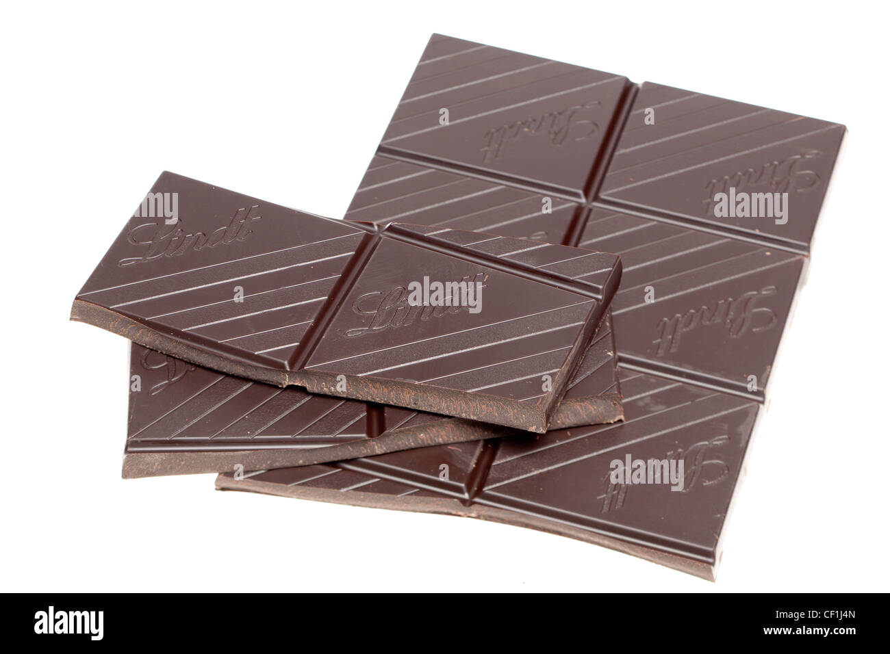 Chunks of Lindt 90 percent dark chocolate Stock Photo