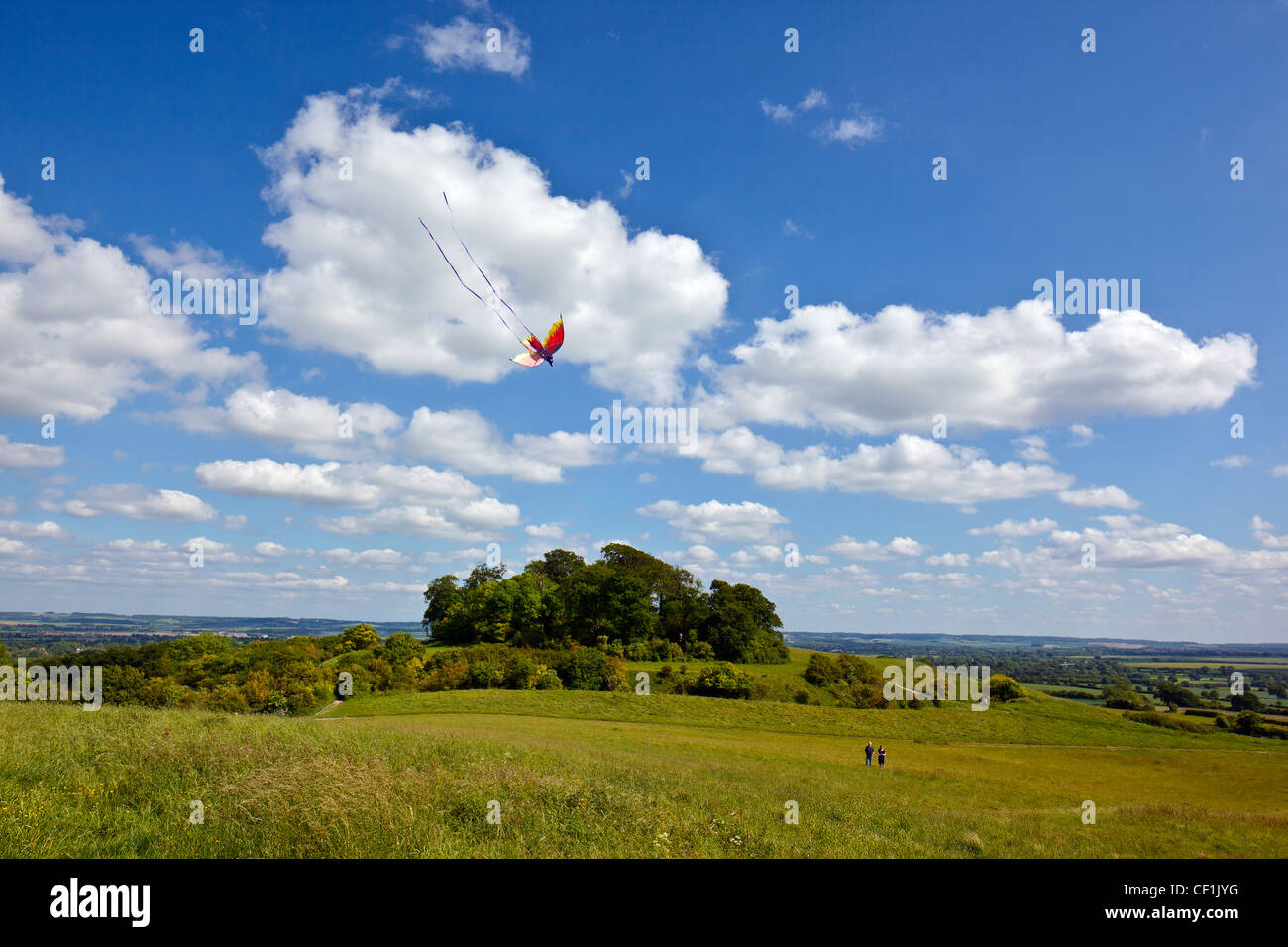 Kite flying at Whittenham Clumps in the Thames Valley. Stock Photo