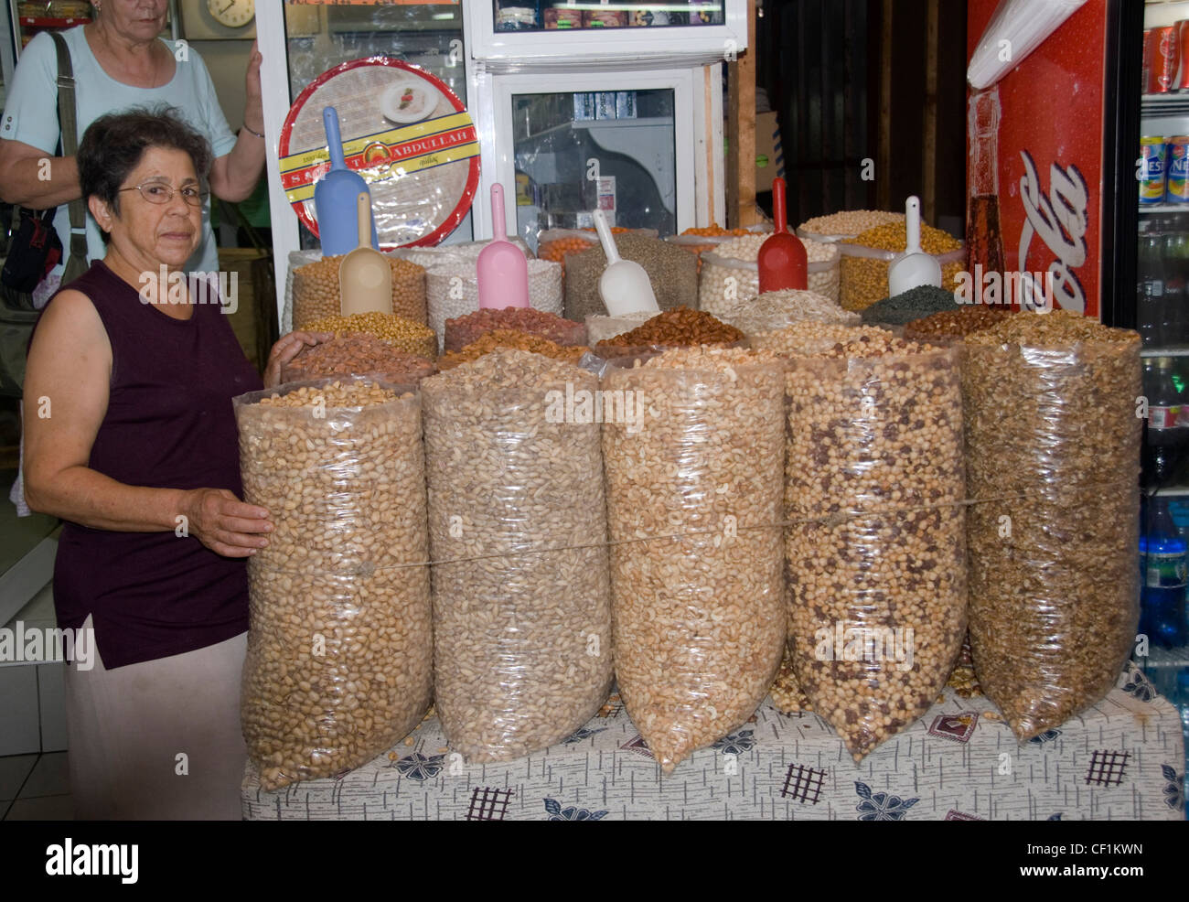NORTH CYPRUS. NICOSIA MARKET STALL SELLING CEREALS, GRAIN AND NUTS